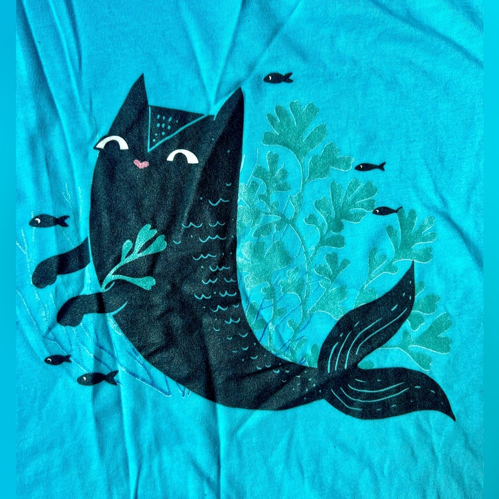 Aqua Black Cat Mermaid (Purrmaid) with seaweed scoop neck relaxed graphic tee